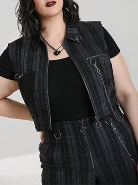 Hell Bunny Cobain Check Vest Jacket Punk Goth Chain zippers